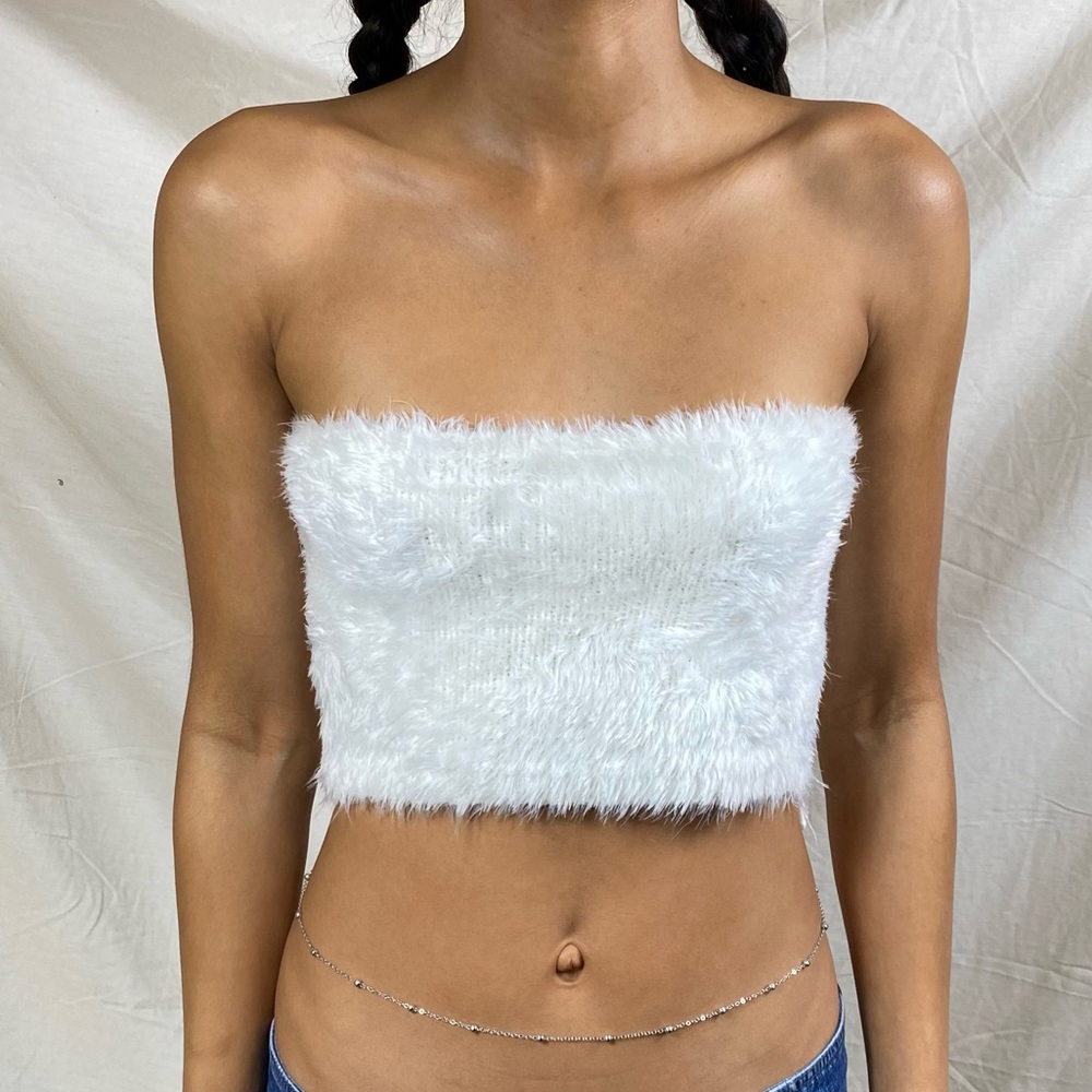 White Fuzzy Cropped Tube Top